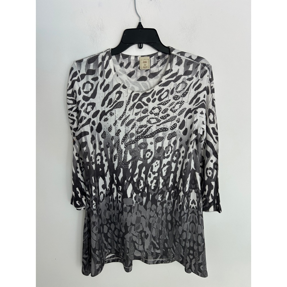 Jess & Jane‎ Womens Black Cheetah Ombre Rhinestone 3/4 Sleeve Top HC4-536 Small
